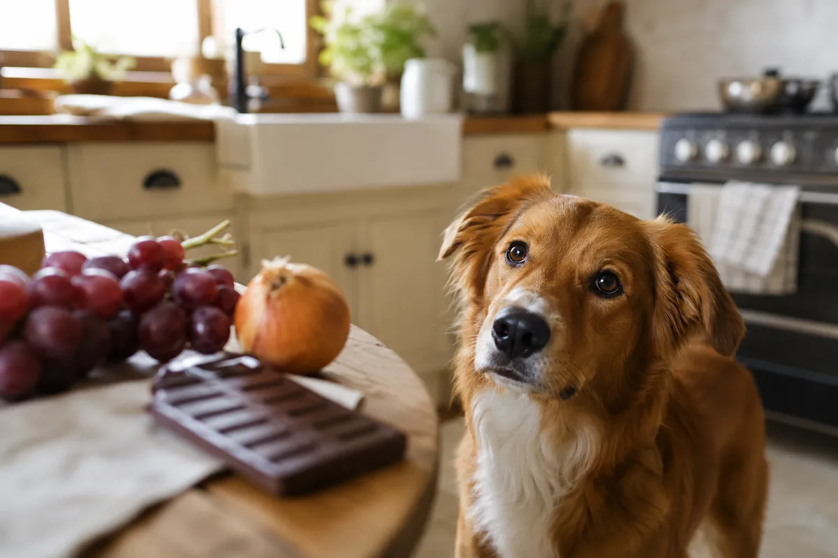 Cão curioso perto de uma mesa com chocolate, uvas e cebola — alimentos tóxicos para cães mantidos fora do alcance