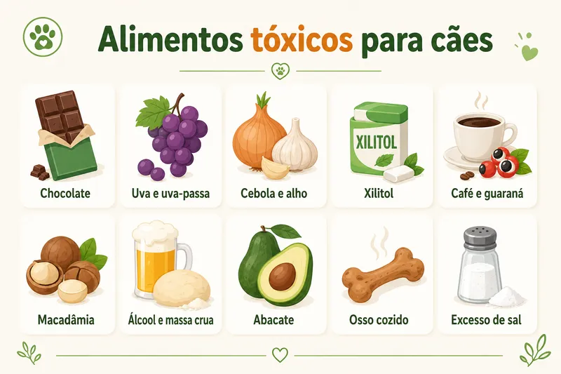 Infográfico com os principais alimentos tóxicos para cães: chocolate, uva, cebola, alho, xilitol, café e guaraná, macadâmia, abacate, osso cozido e excesso de sal