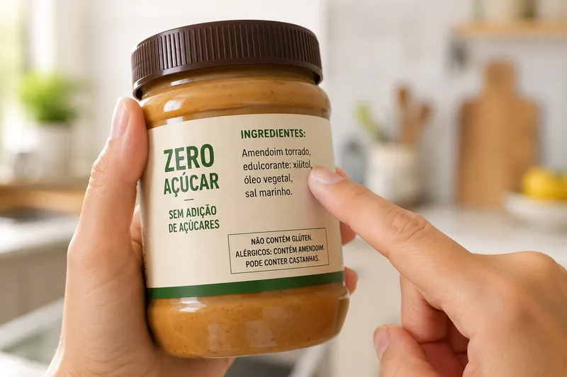 Mão apontando para a lista de ingredientes de um produto 'sem açúcar', verificando a presença de xilitol