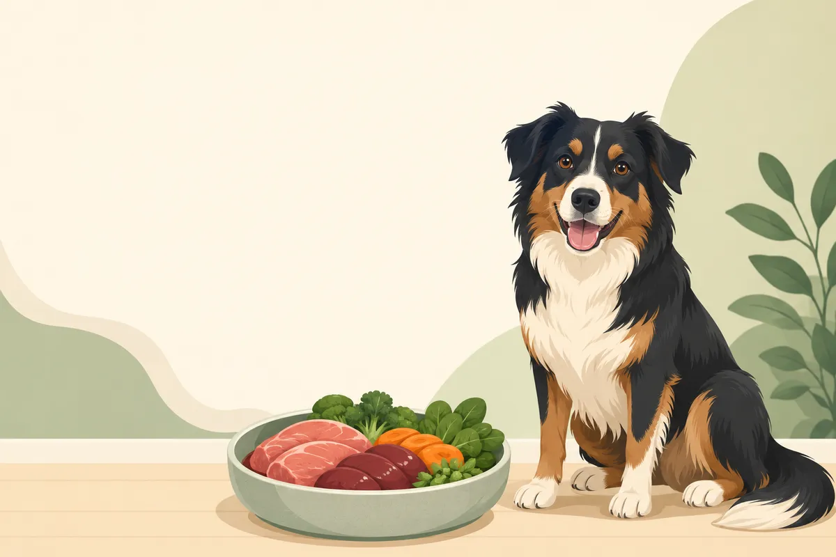 Ilustração de um cão saudável e disposto ao lado de uma tigela de comida natural fresca e colorida