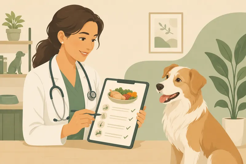 Ilustração de veterinária revisando um plano alimentar personalizado ao lado de um cão saudável