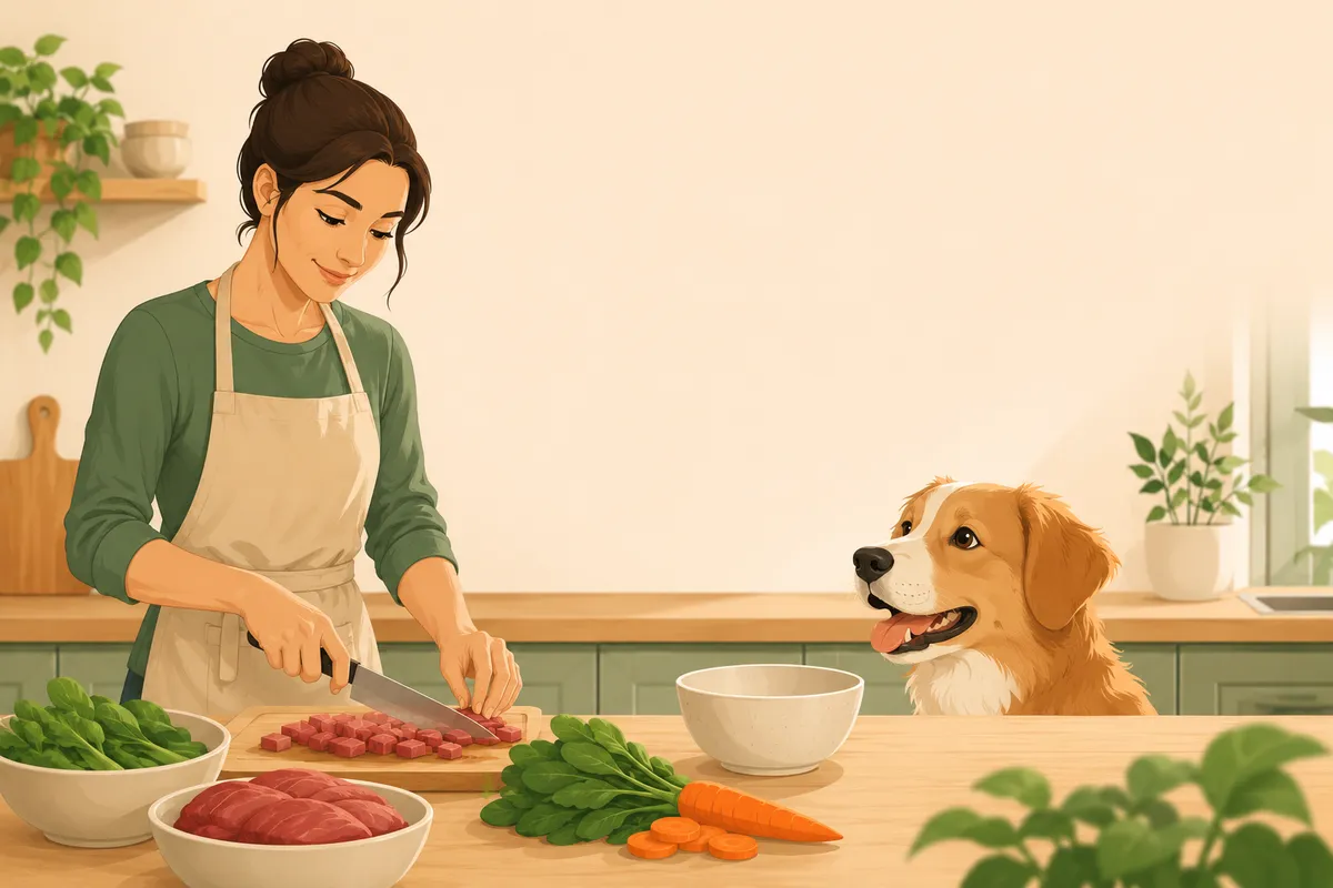 Ilustração de um tutor preparando a primeira refeição de comida natural do cão com ingredientes frescos na cozinha