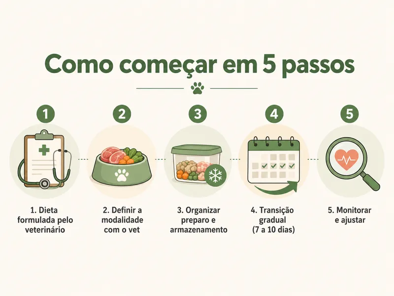 Infográfico com os cinco passos para começar a alimentação natural do cão: formular com o vet, definir a modalidade, organizar o preparo, transição gradual e monitorar