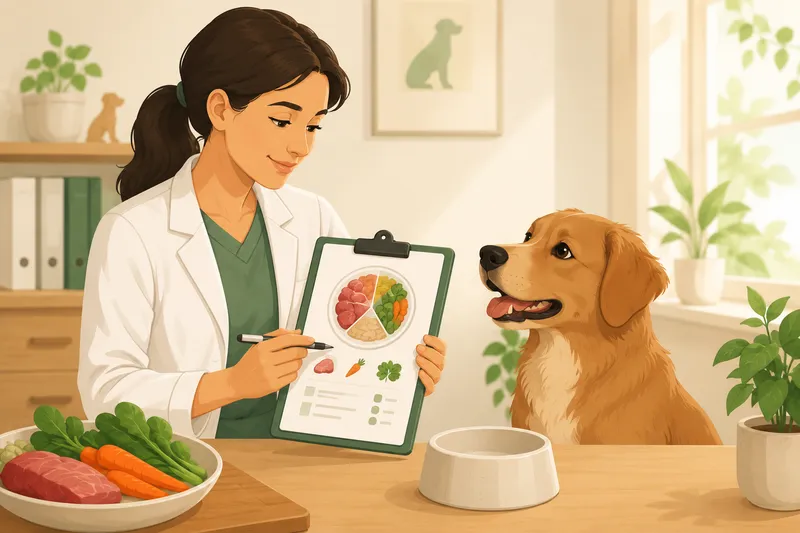 Ilustração de um veterinário revisando um plano alimentar personalizado ao lado de um cão saudável