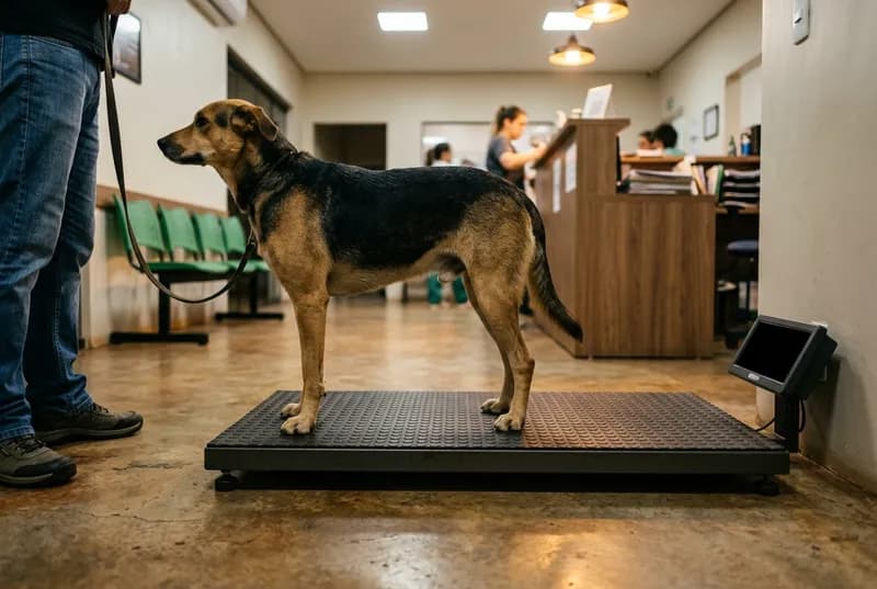 Cão de porte médio em pé sobre uma balança de chão na recepção de uma clínica veterinária, visto rente ao piso