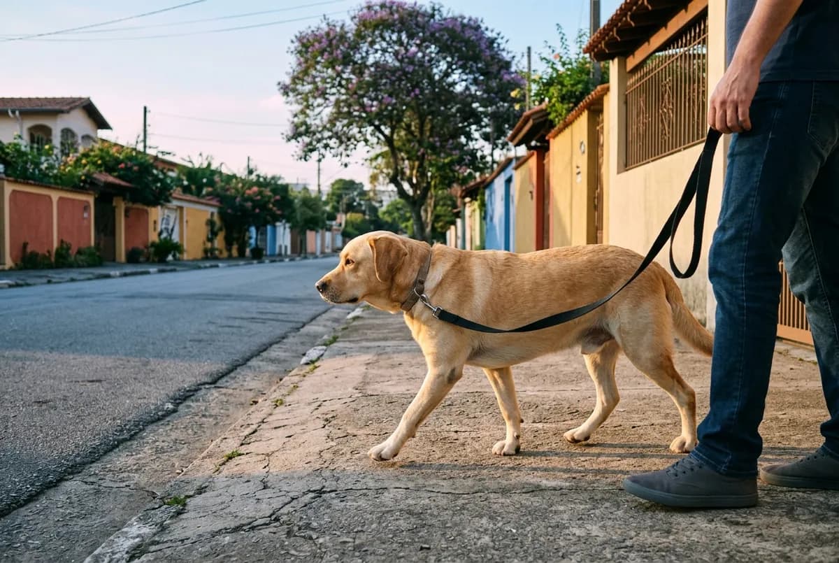 Labrador adulto caminhando de perfil na guia ao lado do tutor numa calçada de bairro, ao nascer do sol