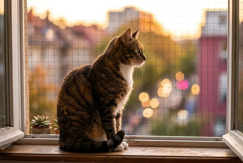 Gato adulto tigrado sentado de perfil no parapeito de uma janela de apartamento com tela, em contraluz de fim de tarde