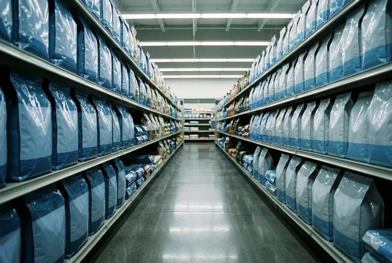 Corredor vazio de pet shop com sacos de ração lisos, sem rótulo, enfileirados nas prateleiras sob luz fluorescente