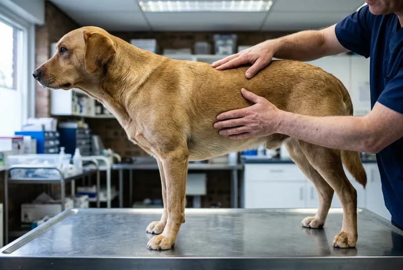 Mãos de veterinária apalpando o dorso e a lateral do tronco de um cão de pé sobre a mesa de exame de inox