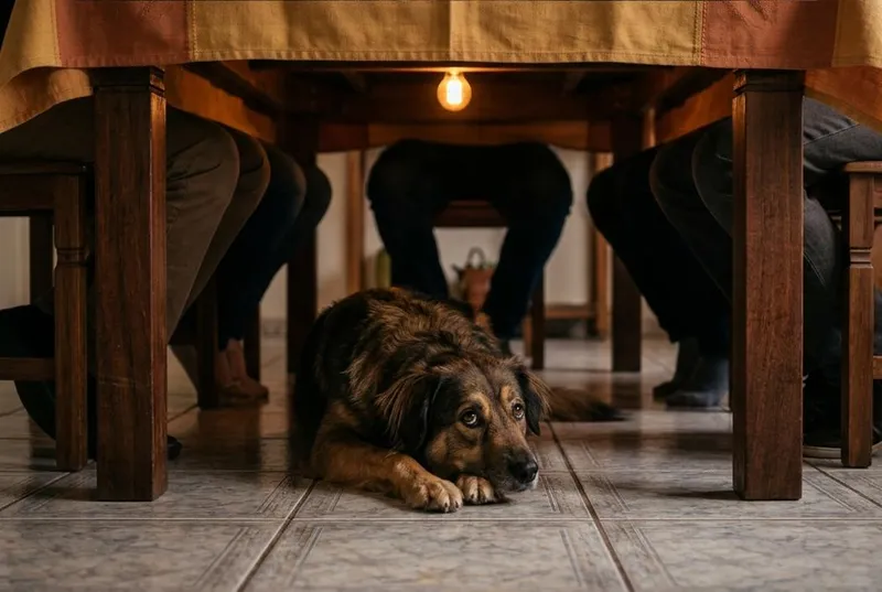 Cão deitado no chão sob a mesa de um almoço de domingo, visto da altura dele, entre as pernas das cadeiras