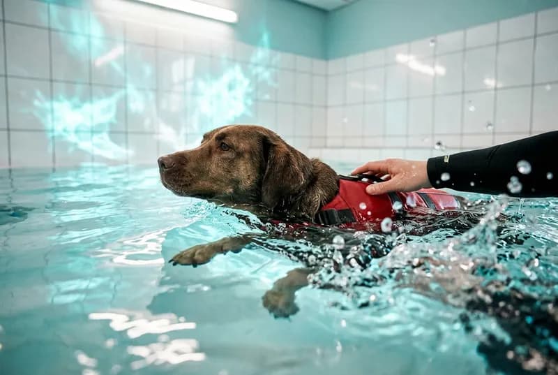 Cão com colete flutuador vermelho nadando de perfil numa piscina de hidroterapia veterinária, visto rente à água
