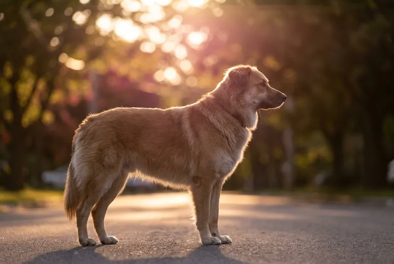 Cão adulto de pelagem densa parado de perfil numa rua arborizada, em contraluz de fim de tarde, com folhagem desfocada ao fundo