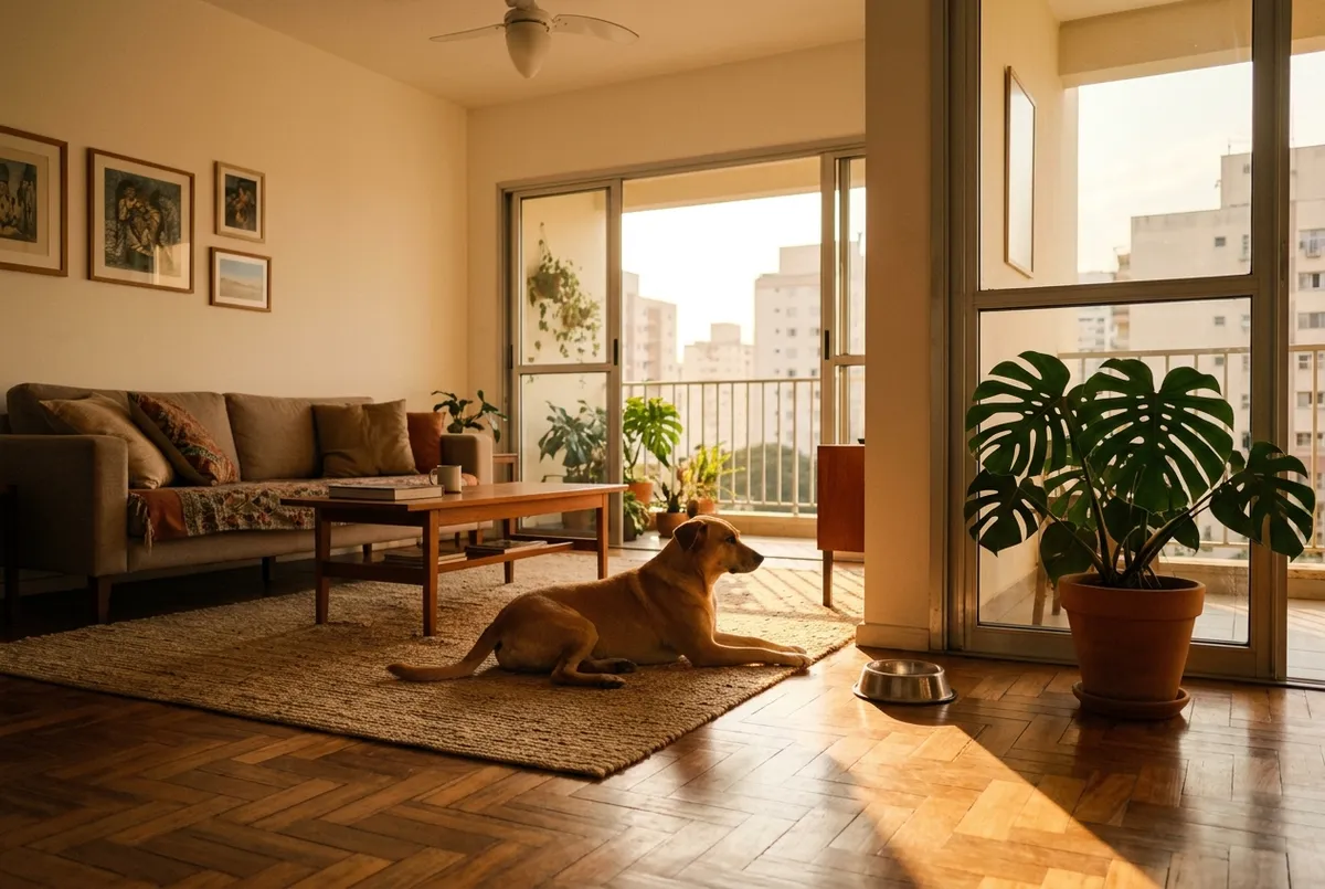 Cão adulto de pelagem curta deitado de perfil no tapete da sala, ao lado de uma tigela de aço vazia, na luz de fim de tarde
