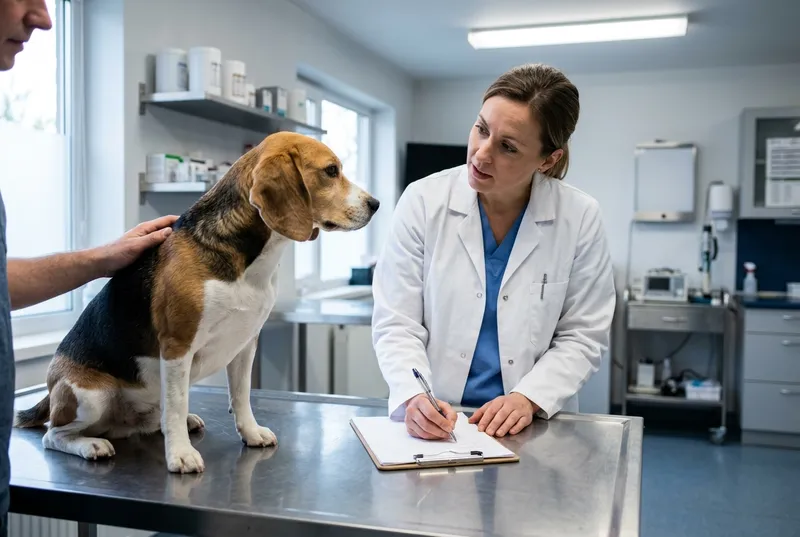 Médica-veterinária anotando numa prancheta ao lado da mesa de inox, com um cão adulto sentado de perfil e a mão do tutor apoiada no dorso