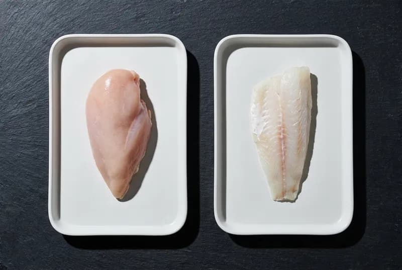 Duas travessas brancas idênticas vistas de cima sobre ardósia escura, uma com peito de frango cru e outra com filé de peixe branco cru