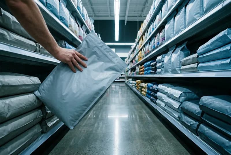Corredor de pet shop visto de baixo, com sacos de ração de embalagem lisa e uma mão virando um deles para procurar a lista de ingredientes