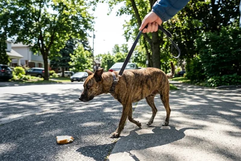 Cão adulto na guia caminhando por calçada arborizada, com a atenção voltada para um pedaço de pão caído à frente, sob sol forte