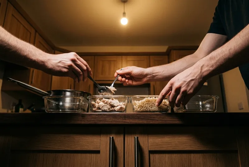 Duas mãos porcionando um único alimento cozido em potes de vidro numa bancada escura de cozinha, à noite, sob lâmpada quente
