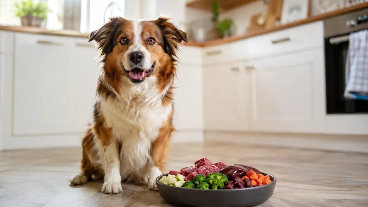 Cão saudável ao lado de uma tigela de comida natural fresca com carne, vísceras e vegetais