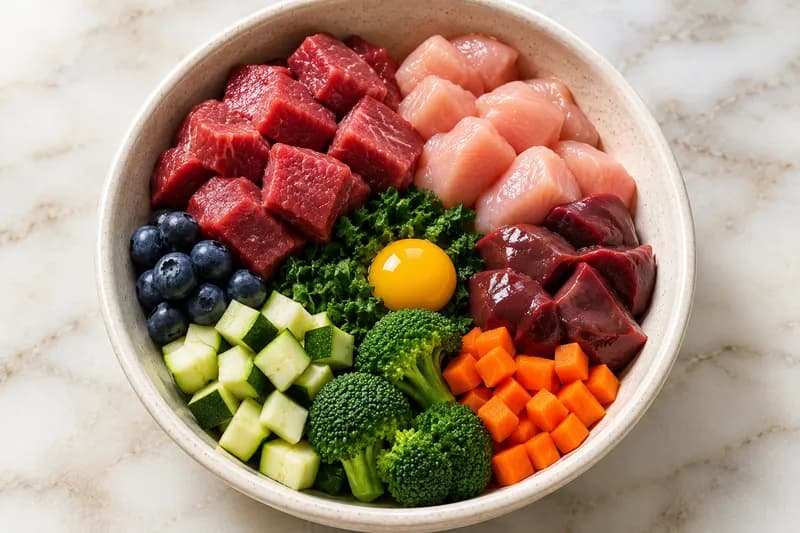 Tigela com porção balanceada de proteína animal, vísceras e vegetais frescos para um cão