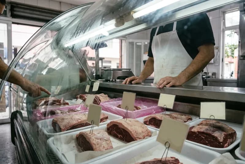 Balcão refrigerado de açougue de bairro com cortes bovinos e um cliente escolhendo