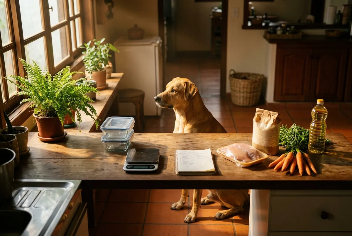 Bancada de cozinha com balança, potes vazios, lista de compras e ingredientes crus, com um cão adulto sentado de perfil ao fundo