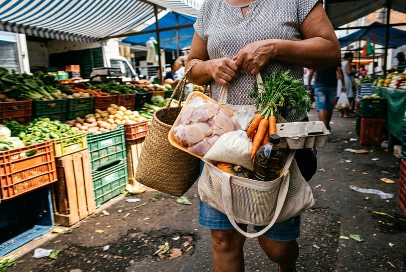 Cesta e sacola de feira cheias de frango, arroz, cenouras, abóbora, ovos e óleo numa barraca de feira livre