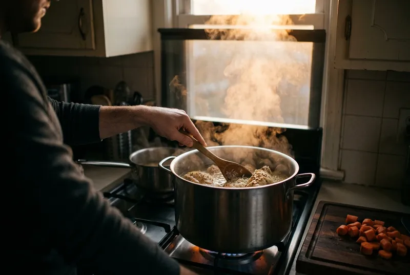 Panela grande cozinhando frango e arroz no fogão a gás, com uma segunda panela e cenouras picadas ao lado