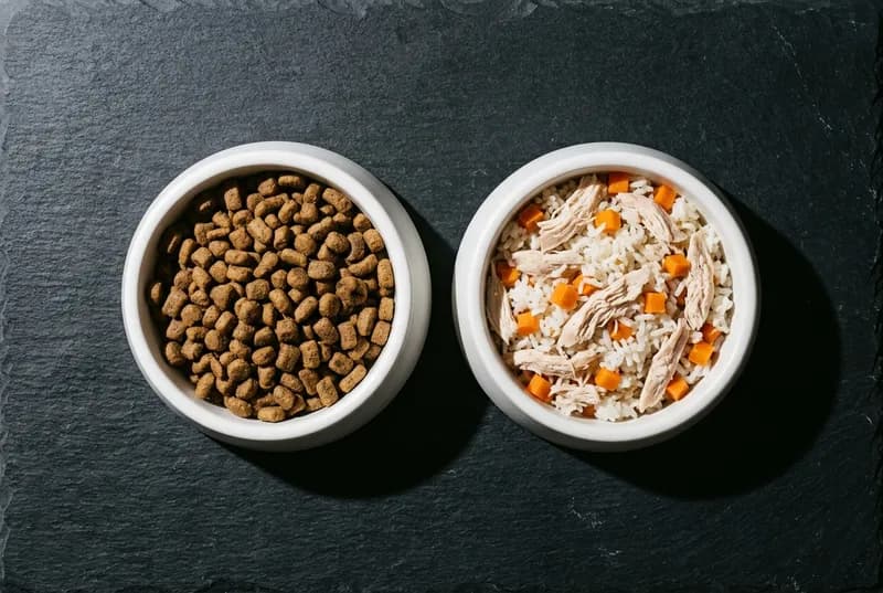 Duas tigelas de cerâmica lado a lado, uma com ração seca e outra com comida natural cozida
