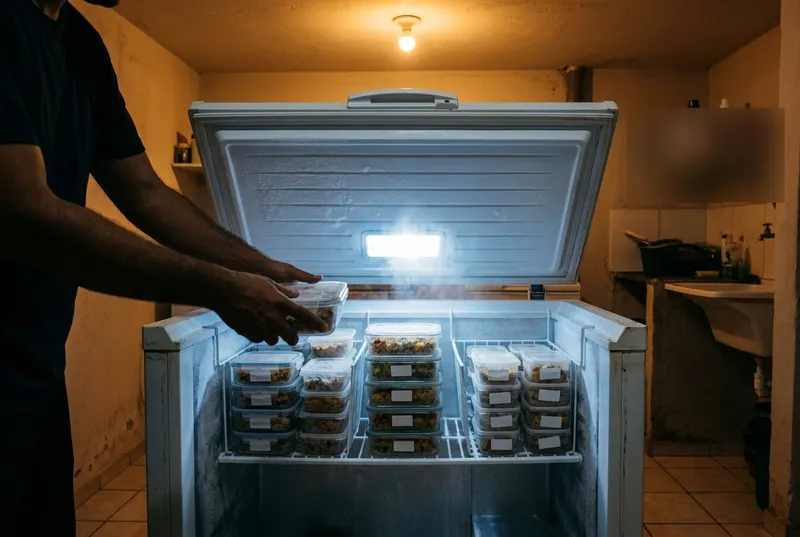 Freezer horizontal aberto com potes de comida natural porcionada e etiquetas em branco, mãos colocando um pote