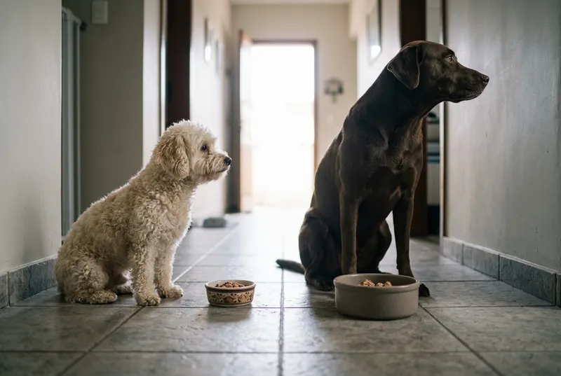 Cão pequeno e cão grande sentados de perfil lado a lado, cada um diante de uma tigela de tamanho diferente