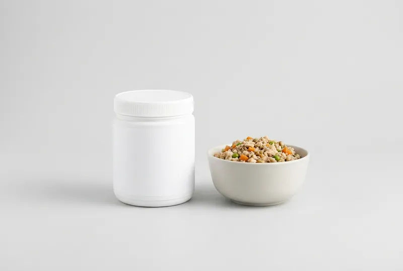 Pote branco de suplemento fechado, com rótulo em branco, ao lado de uma tigela de comida natural pronta