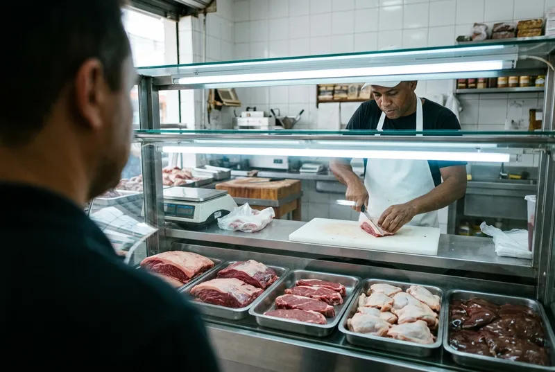 Vitrine de açougue de bairro com bandejas de carne bovina, frango e fígado crus, vista por cima do ombro de um cliente