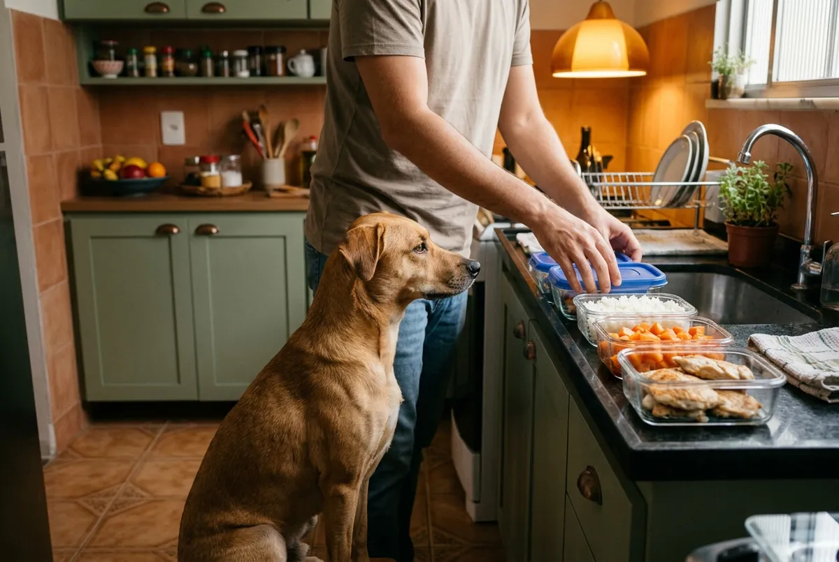 Cão sem raça definida sentado de perfil no chão da cozinha enquanto o tutor fecha potes de comida cozida na bancada