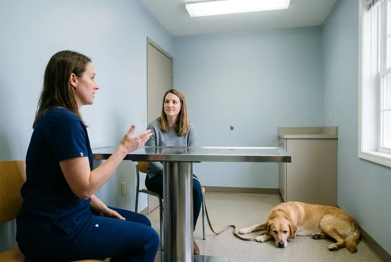 Veterinária conversa com a tutora sentada do outro lado da mesa de inox enquanto o cão descansa deitado no chão