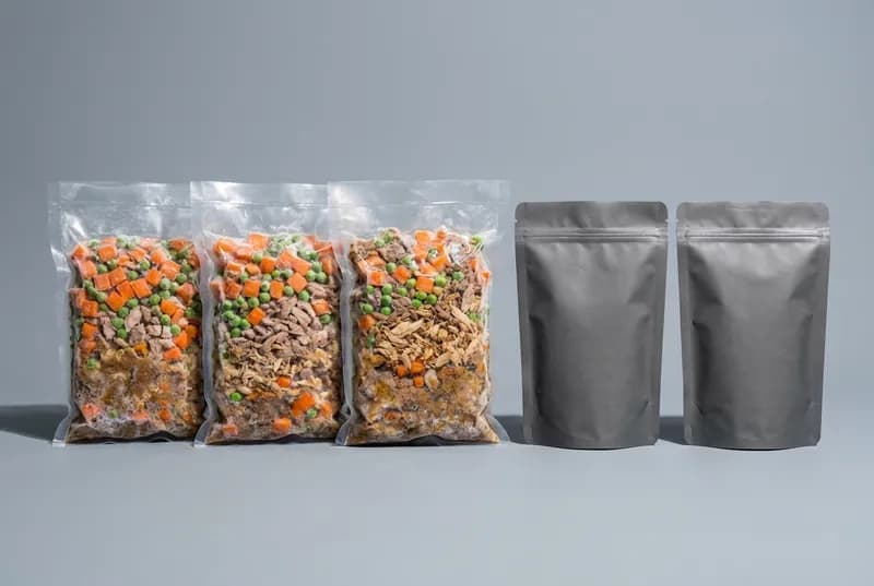 Embalagens a vácuo de comida cozida congelada e pacotes lisos de alimento desidratado alinhados em fundo cinza de estúdio