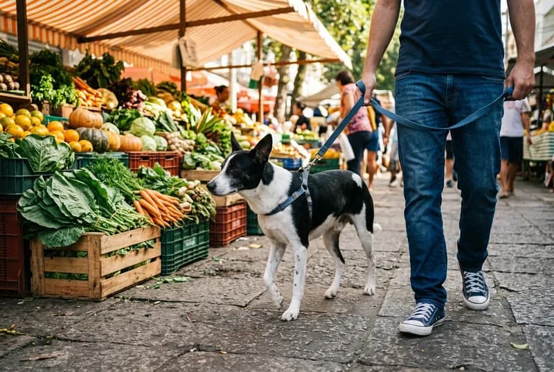 Cão sem raça definida caminhando na guia ao lado do tutor em frente a uma banca de verduras numa feira livre