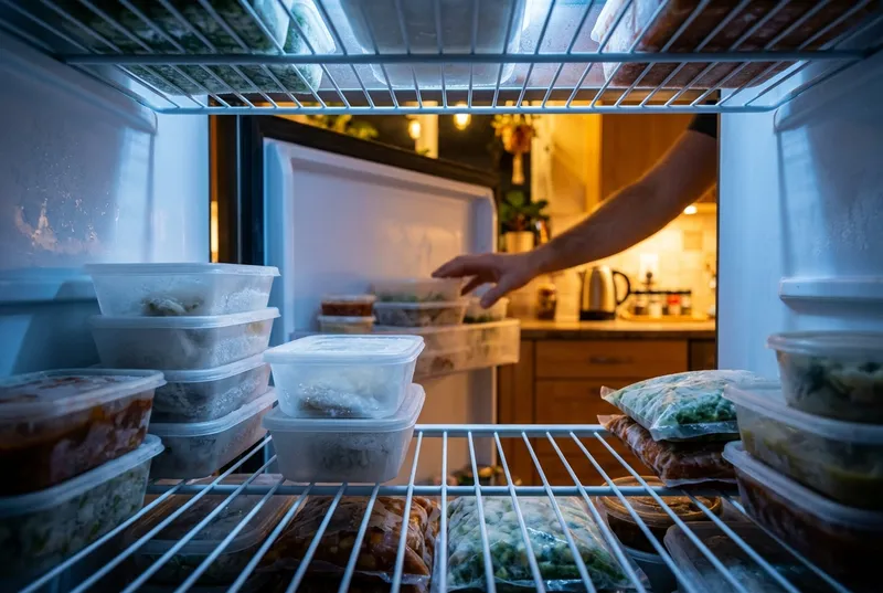 Potes e embalagens a vácuo congelados empilhados nas prateleiras de um freezer de apartamento, vistos de dentro