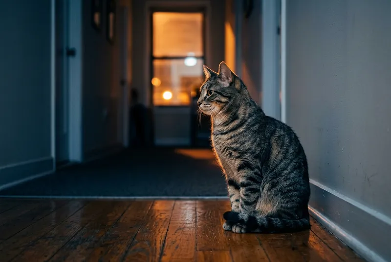 Gato tigrado cinza sentado de perfil num corredor de apartamento à noite, iluminado pela luz da rua