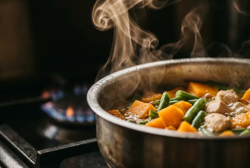 Vapor subindo de uma panela de inox com abóbora, vagem e frango em cozimento num fogão a gás