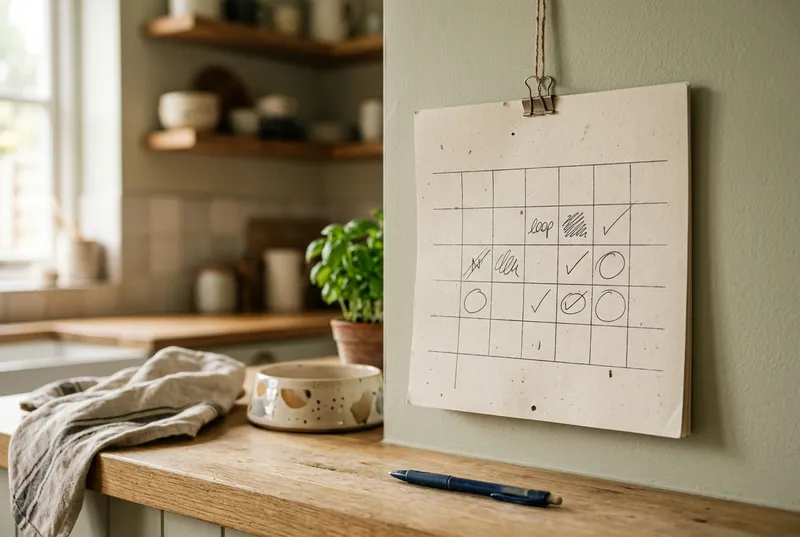 Calendário de cozinha com alguns dias marcados a caneta e a tigela do cão desfocada ao fundo