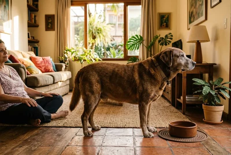 Cão idoso de focinho grisalho de perfil ao lado da tigela, com o tutor sentado no chão a certa distância