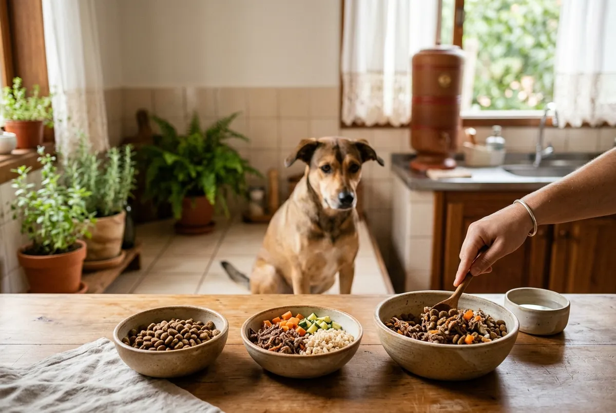 Bancada de cozinha com uma tigela de ração, uma de comida natural e um cão adulto observando ao fundo
