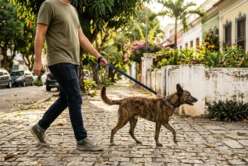 Tutor passeando com um cão adulto de perfil numa calçada arborizada, com saquinho de coleta na mão