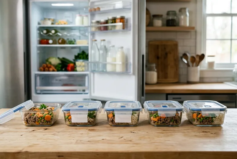 Potes de vidro herméticos com porções individuais de comida natural sobre a bancada, com a geladeira aberta ao fundo