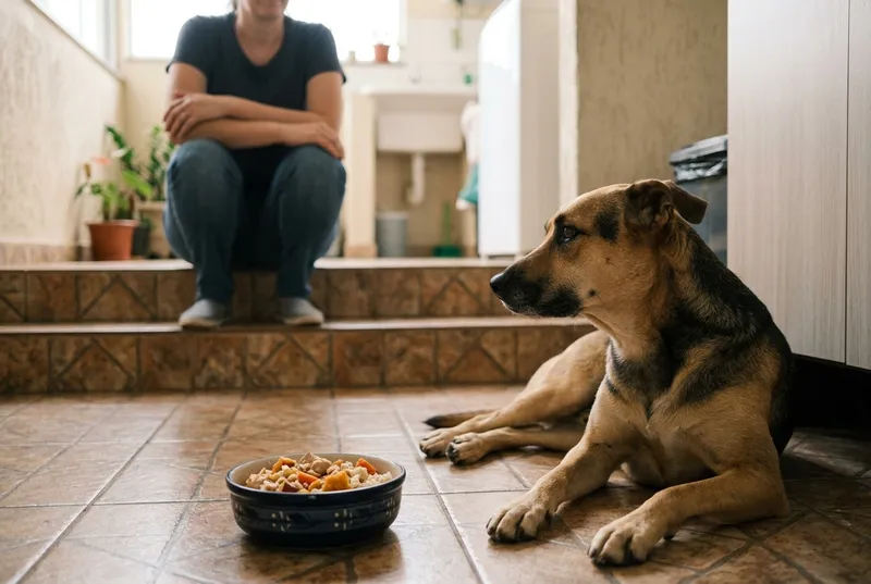 Cão adulto deitado de perfil a alguns passos de uma tigela cheia de comida natural intacta