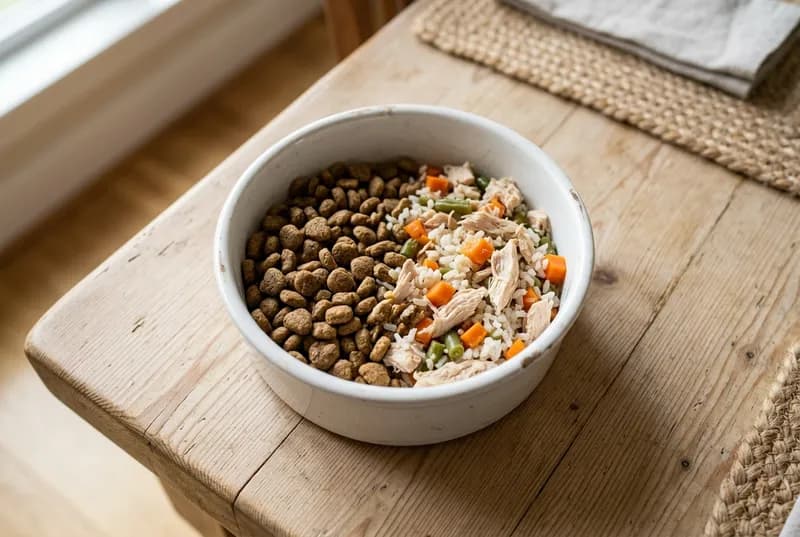 Tigela de cão com ração seca de um lado e comida natural cozida do outro, começando a se misturar