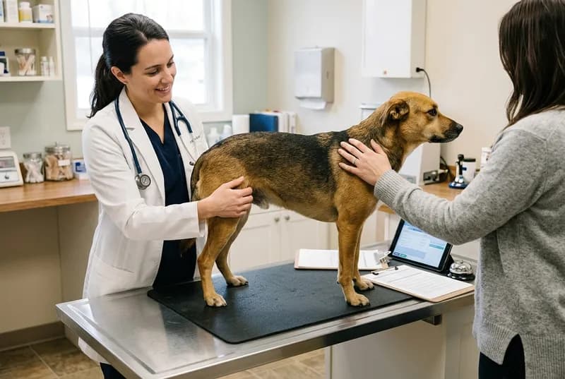 Médica-veterinária de jaleco examinando um cão adulto calmo sobre a mesa, com o tutor ao lado