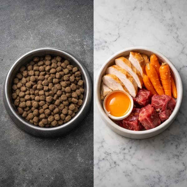 Comparação lado a lado: ração industrial seca em pote metálico à esquerda; refeição natural fresca com frango, cenoura, carne e ovo em pote claro à direita
